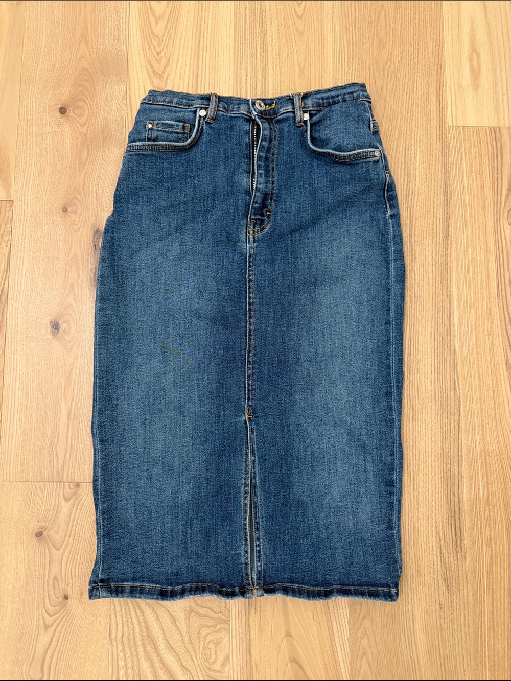 Zara Blue Denim Midi Skirt High Rise Front Slit Size S